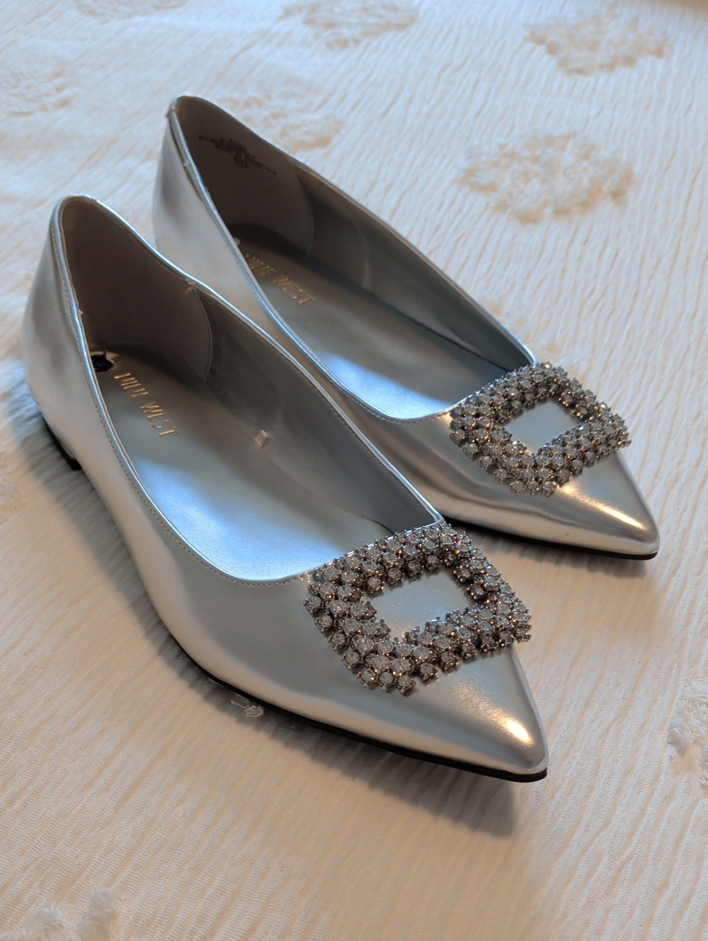 Nine west Pointed Toe Silver Flats with Crystal Buckle - Women's Shoes